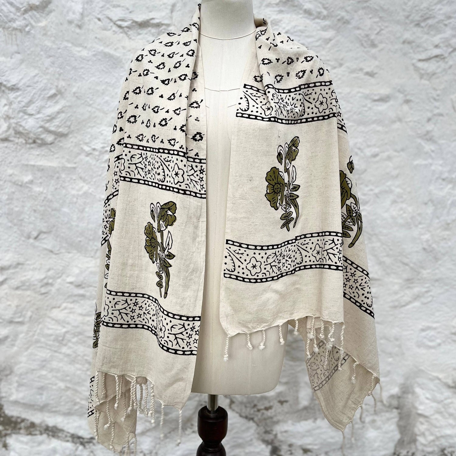 Loomist Wood Block Printed Linen Wrap Scarf loom.ist Natural-Green