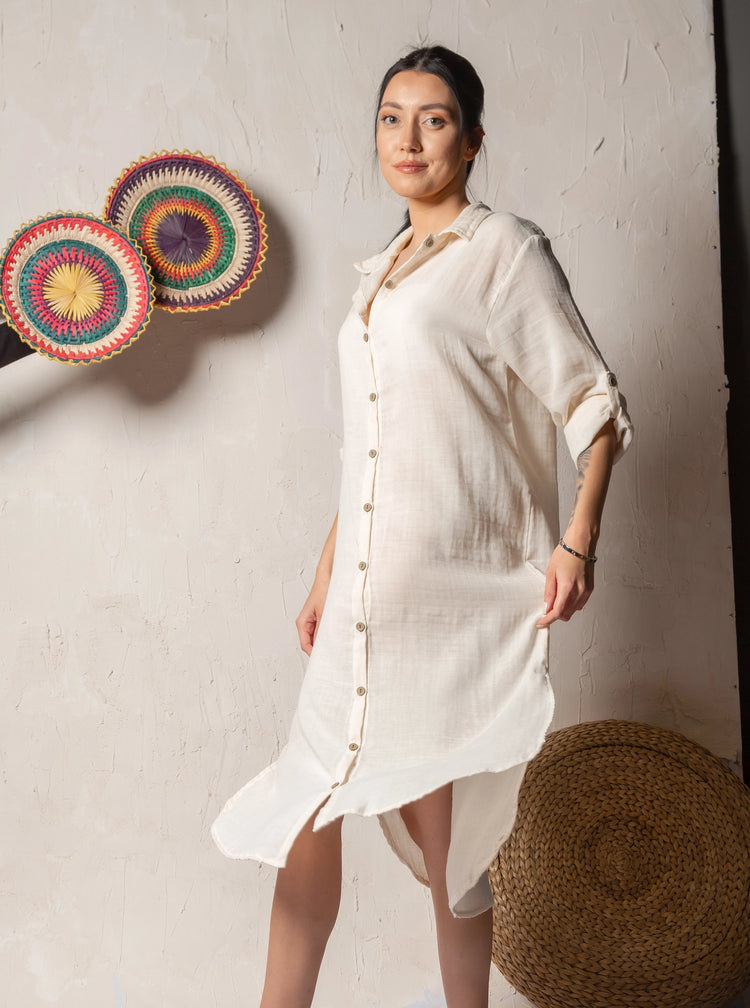Double Layer Organic Muslin Cotton Shirt Dress Dress Moa Cream O/S 