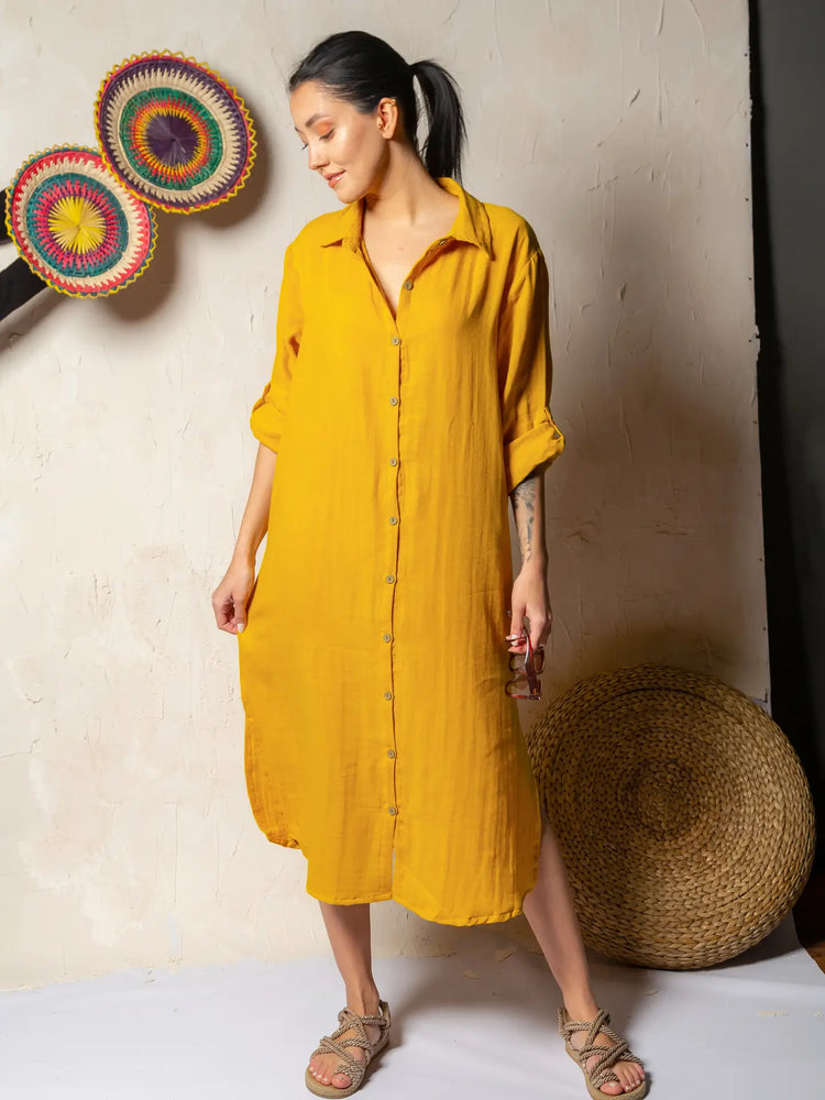 Double Layer Organic Muslin Cotton Shirt Dress Dress Moa Yellow O/S 