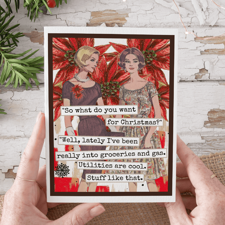 Christmas Card. Really Into Groceries and Gas. Vintage Greeting Cards Raven&