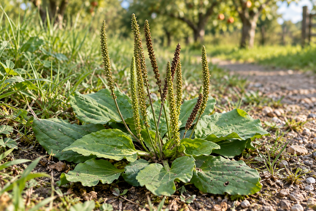 Broadleaf Plantain (Plantago major) growing close to the ground with broad, ribbed leaves and upright flower spikes.