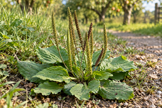 Broadleaf Plantain (Plantago major) growing close to the ground with broad, ribbed leaves and upright flower spikes.
