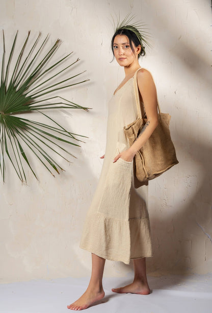 Loomist Double Gauze Black Strap Midi Dress Dresses Moa Beige