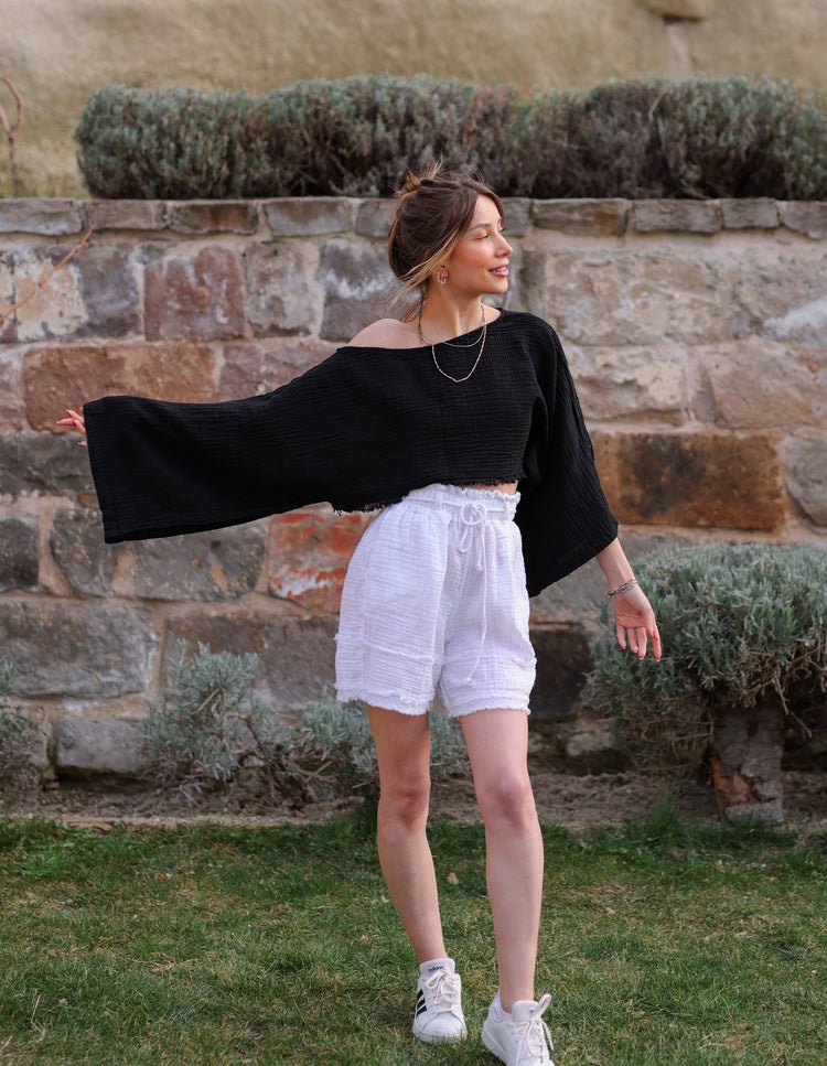Black Off Shoulder Crop Top Blouse Moa