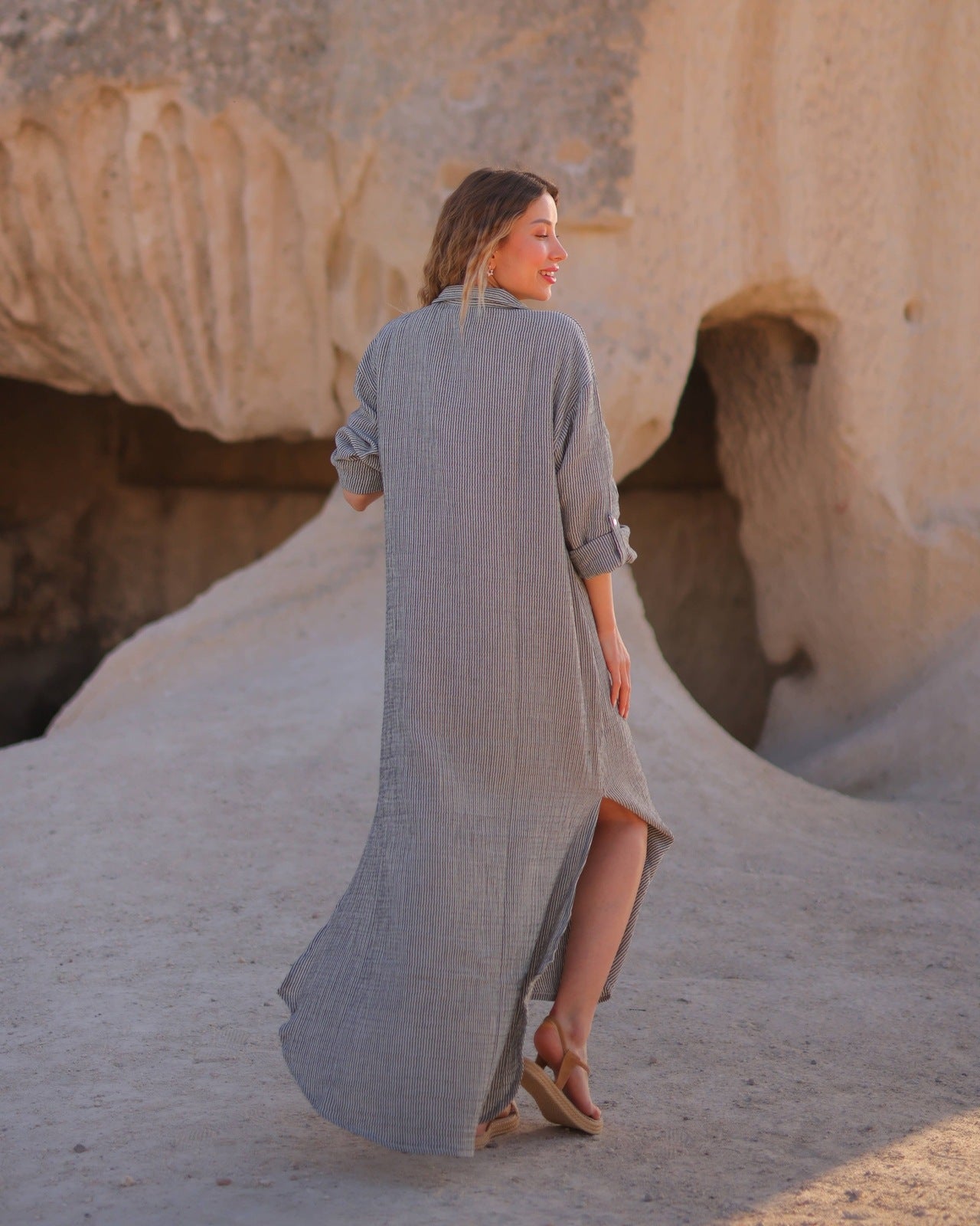 Grey Striped Double Gauze Muslin Cotton Shirt Dress  Moa   