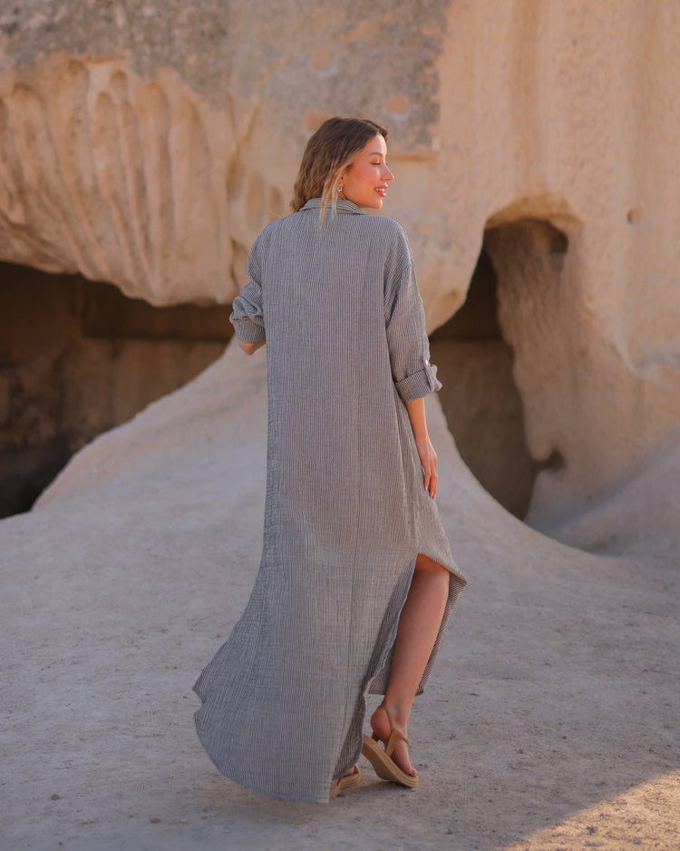 Grey Striped Double Gauze Muslin Cotton Shirt Dress  Moa   
