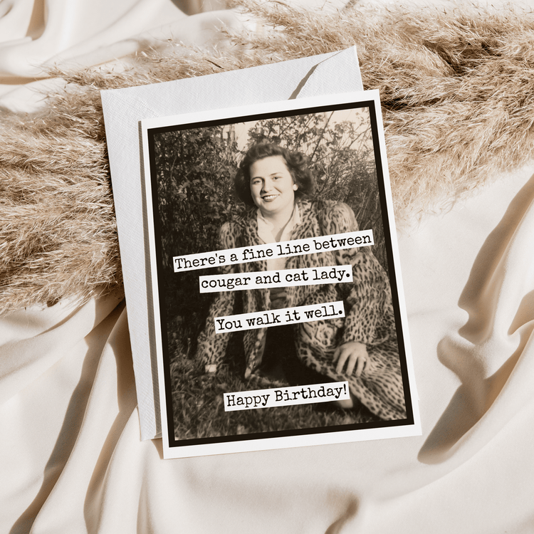 Birthday Card. Fine Line Cougar Cat Lady. Vintage Greeting Cards Raven&