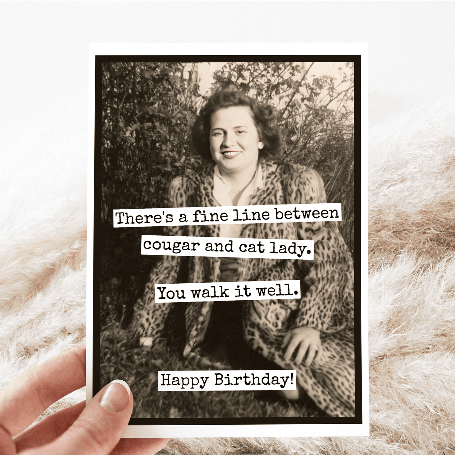 Birthday Card. Fine Line Cougar Cat Lady. Vintage Greeting Cards Raven&