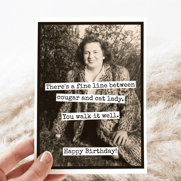 Birthday Card. Fine Line Cougar Cat Lady. Vintage Greeting Cards Raven&