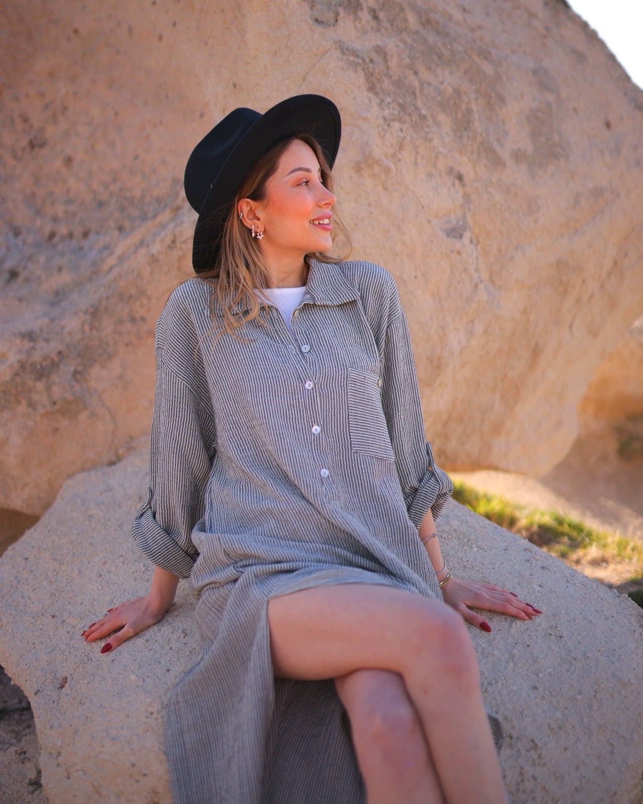 Grey Striped Double Gauze Muslin Cotton Shirt Dress  Moa   