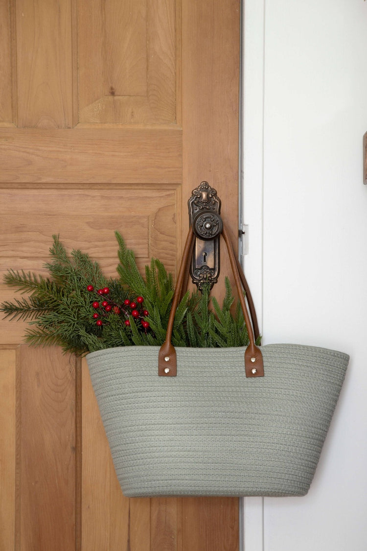Green Cotton Bag With Brown Handles Baskets Bacon Basketware