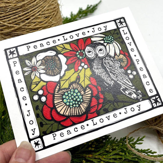 Peace Love Joy - Owl Folkstyle Holiday Card  Newfolk & Cabin Paper Studio   