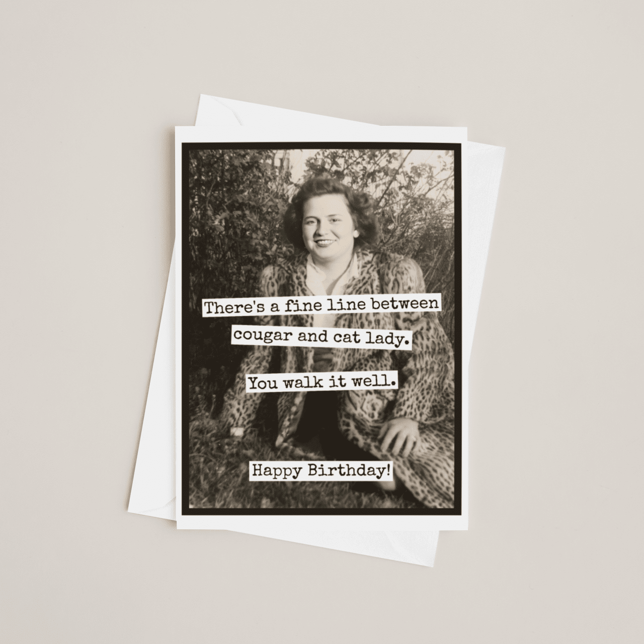 Birthday Card. Fine Line Cougar Cat Lady. Vintage Greeting Cards Raven&