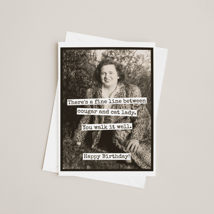 Birthday Card. Fine Line Cougar Cat Lady. Vintage Greeting Cards Raven&