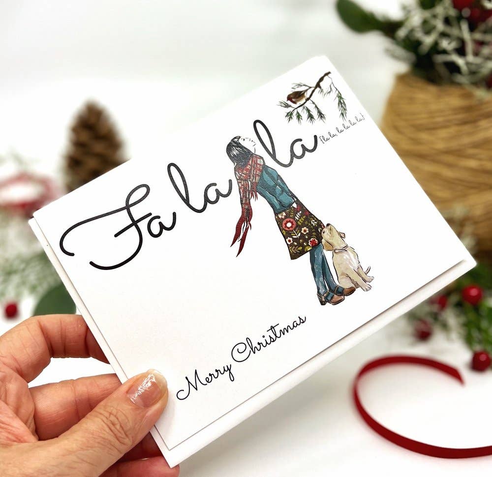 Fa la la Girl with Dog - Christmas Holiday Card Greeting Cards Newfolk & Cabin Paper Studio   