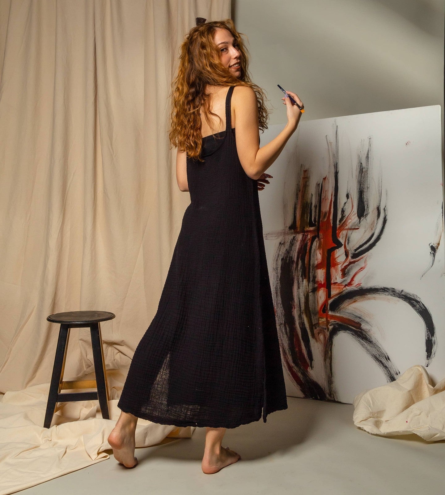Double Gauze Beige Muslin Sleeveless Cami Dress Moa