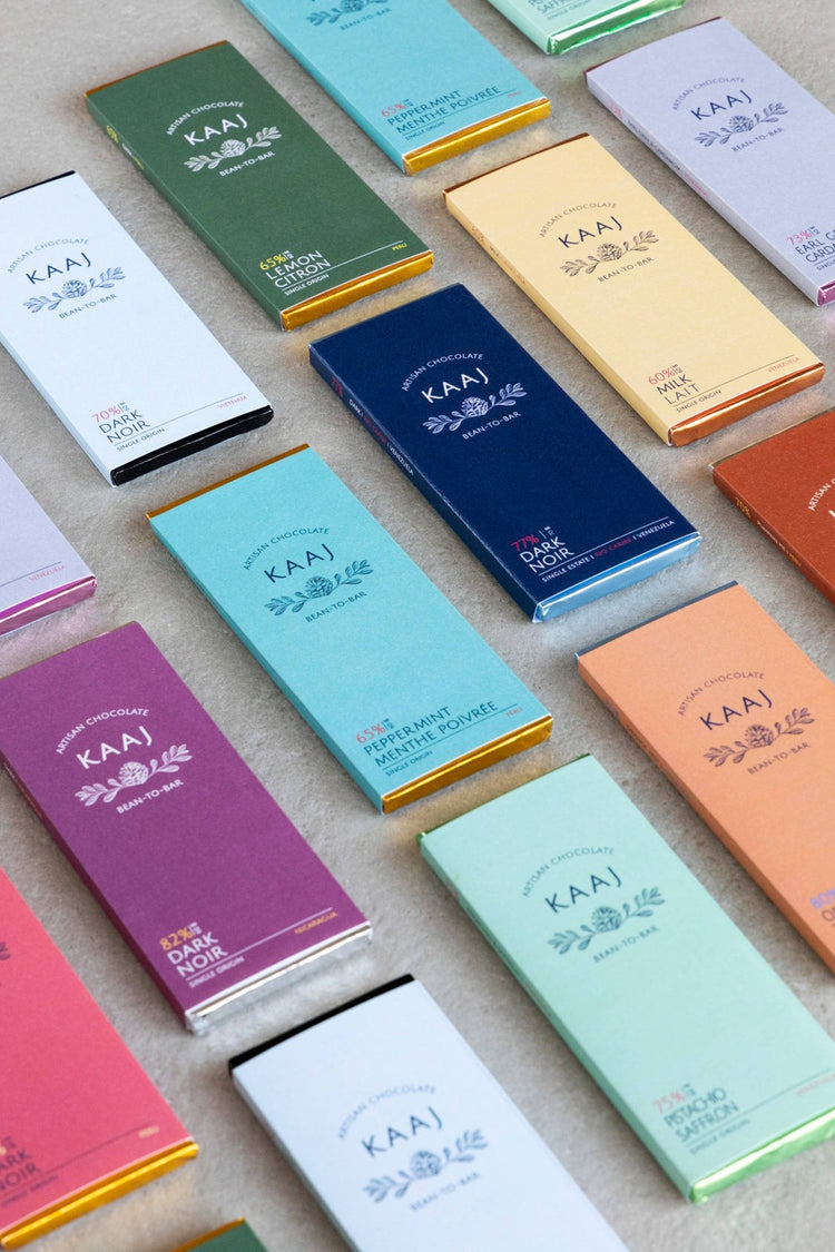 Saffron & Pistachio 75% Dark Chocolate Kaaj Artisan Chocolate