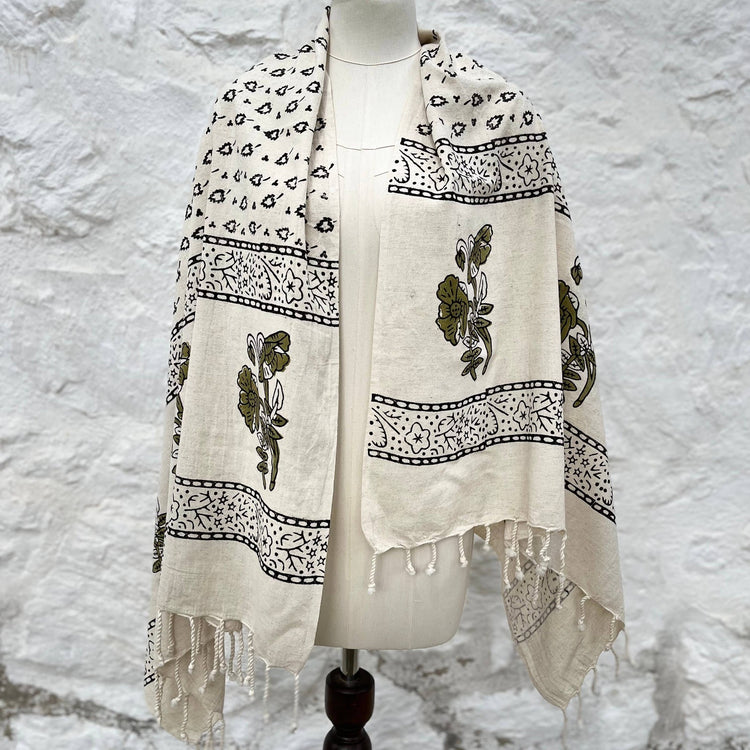 Loomist Wood Block Printed Linen Wrap Scarf loom.ist Natural-Green
