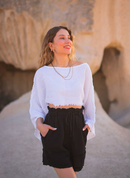 Black Off Shoulder Crop Top Blouse Moa White