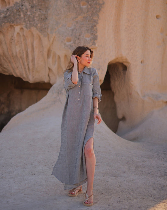 Grey Striped Double Gauze Muslin Cotton Shirt Dress  Moa