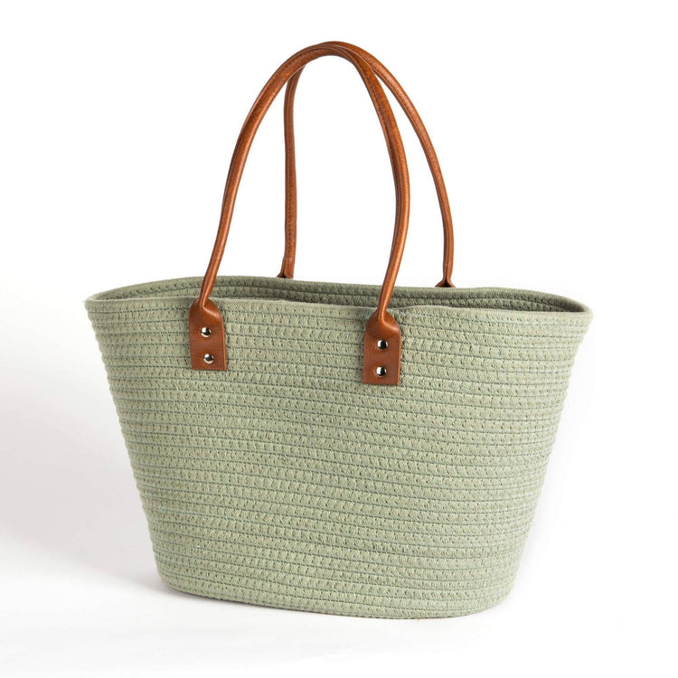 Green Cotton Bag With Brown Handles Baskets Bacon Basketware