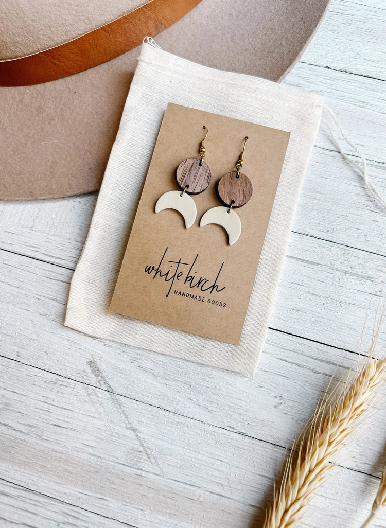 White Birch Cream Leather Moon & Walnut Earrings Earrings White Birch Jewelry   