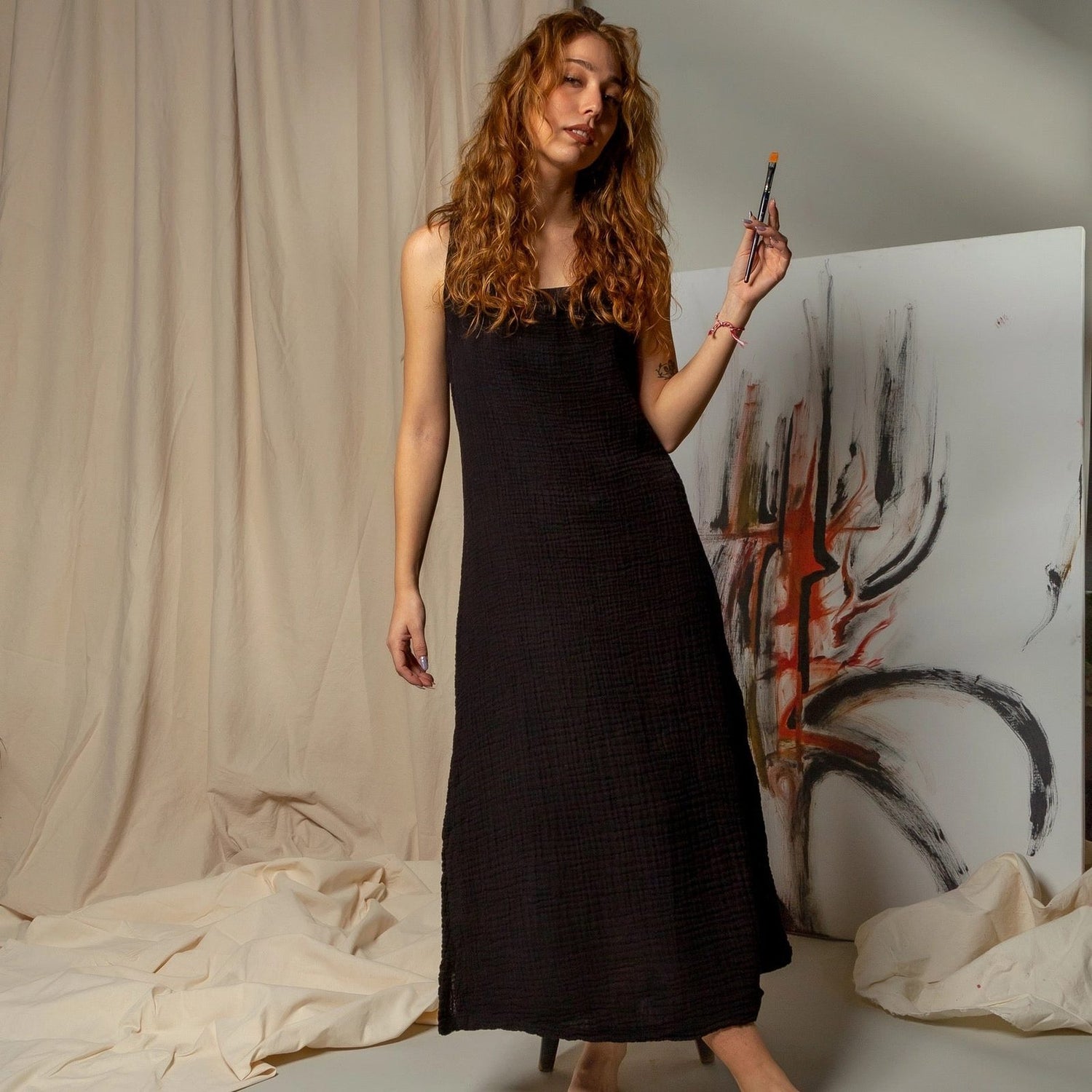 Double Gauze Scoop Neck Midi Dress Dresses Moa Black