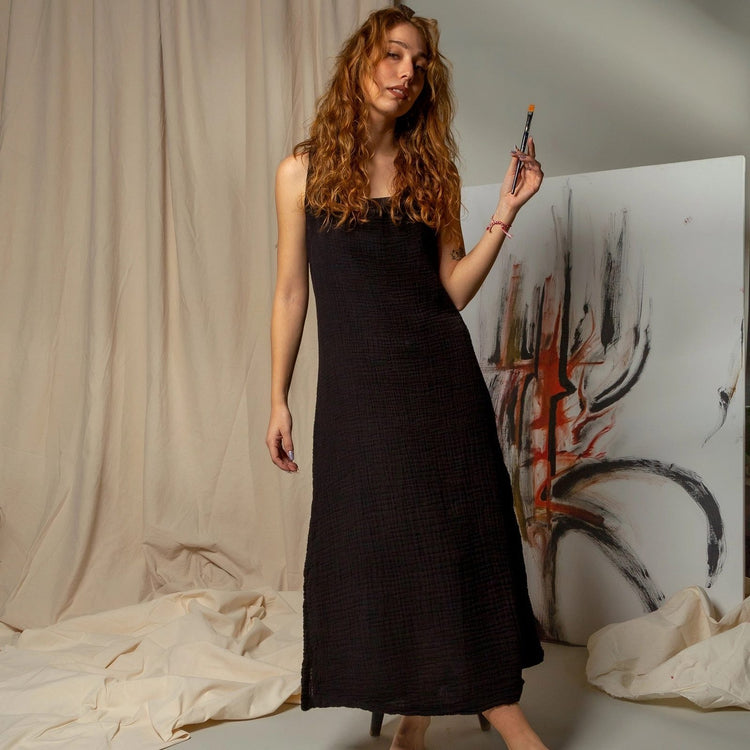 Double Gauze Scoop Neck Midi Dress Dresses Moa Black