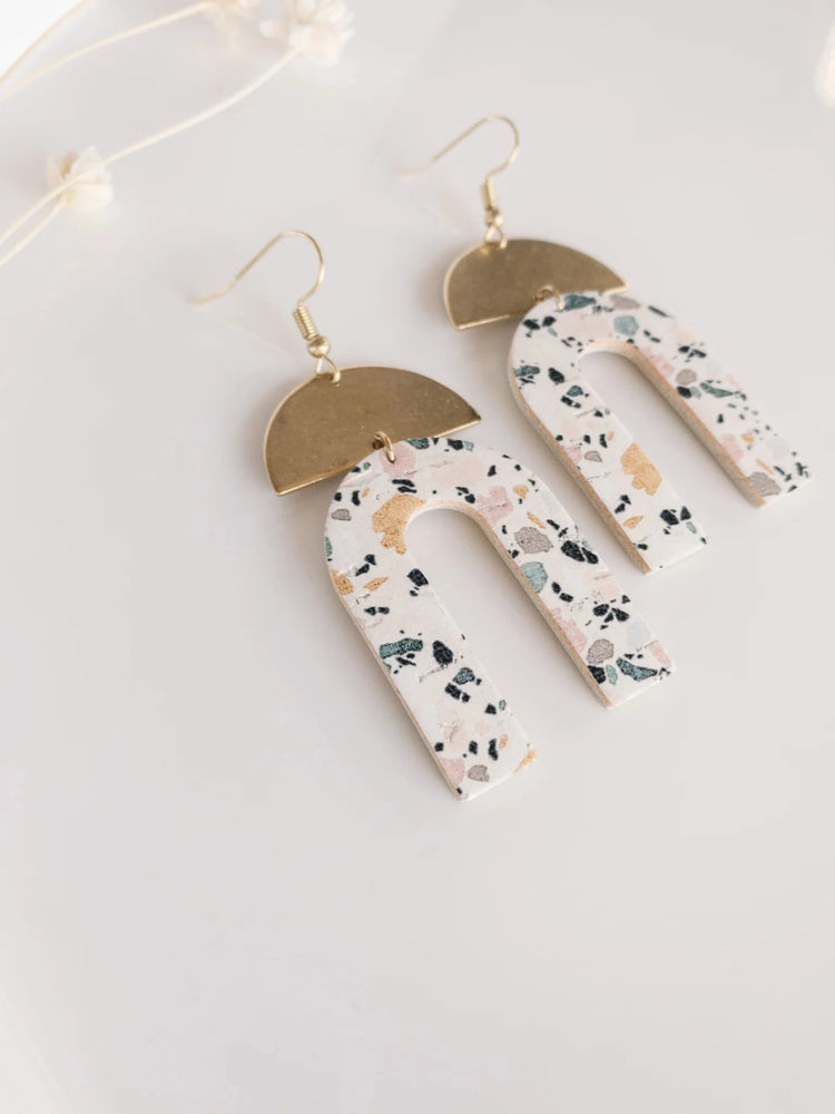 White Birch Terrazzo Cork Leather Arch & Brass Earrings Earrings White Birch Jewelry   