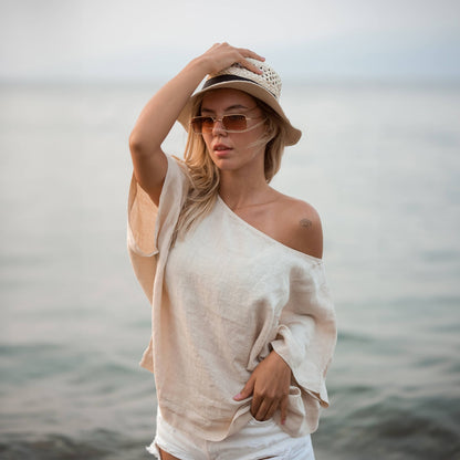 Pure Linen Boatneck Top Tops Moa Cream