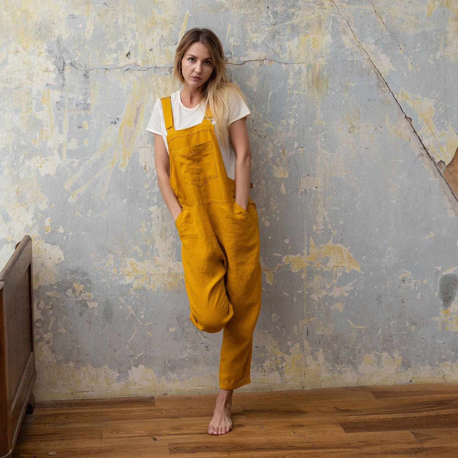 Linen Pinafore Jumpsuit Nicci Spicy Yellow Jumpsuit menique   