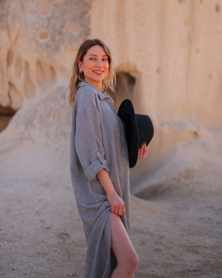 Grey Striped Double Gauze Muslin Cotton Shirt Dress  Moa   