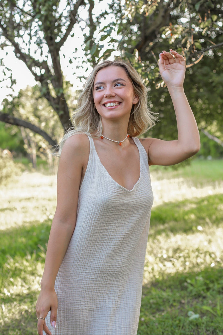 Double Gauze Beige Muslin Sleeveless Cami Dress Moa