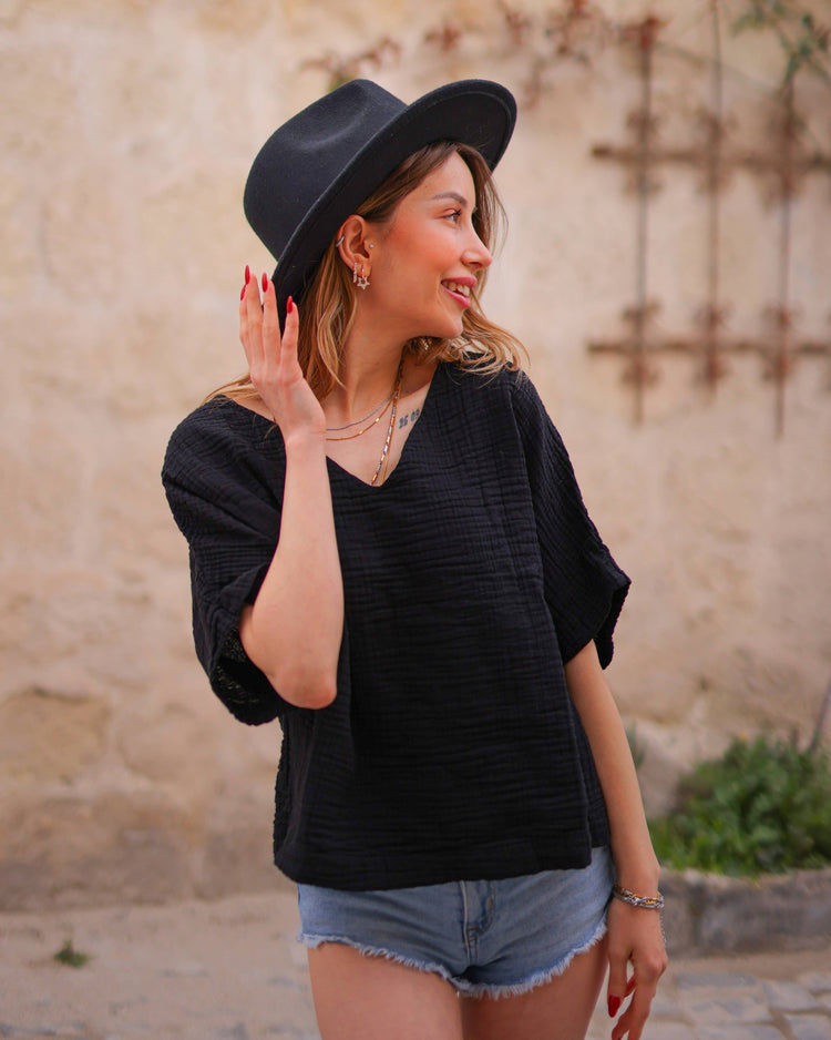 Black Double Gauze Muslin Cotton V-Neck Top Tops Moa