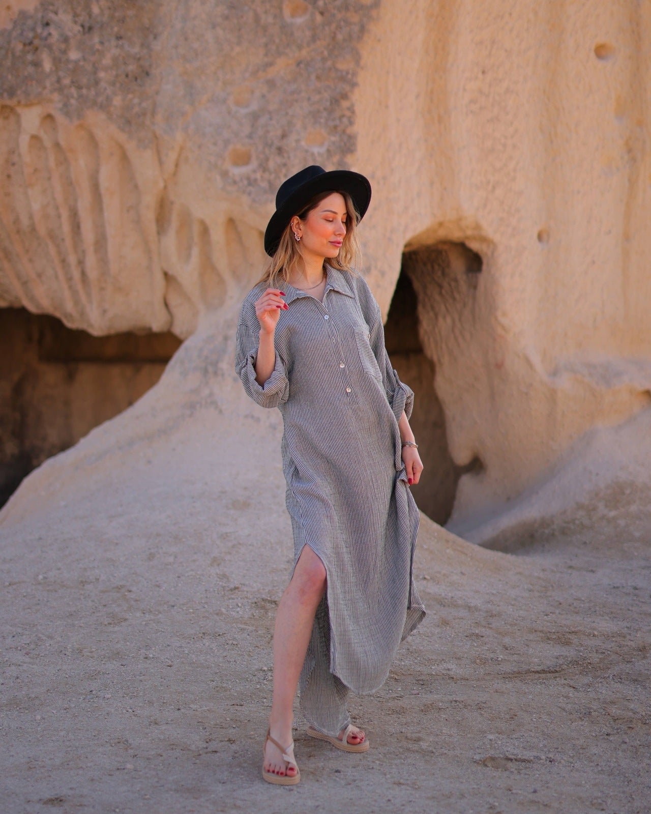 Grey Striped Double Gauze Muslin Cotton Shirt Dress  Moa   