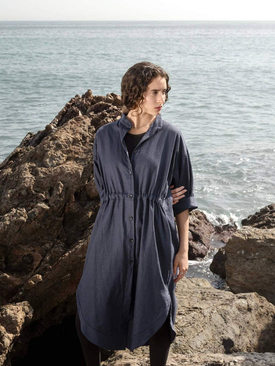 706 TRÉVOL Shirt dress/ Kaftan in Blue Organic Canvas Linen CECILIA SÖRENSEN