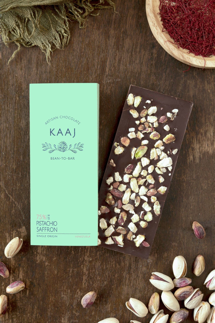 Saffron & Pistachio 75% Dark Chocolate Kaaj Artisan Chocolate