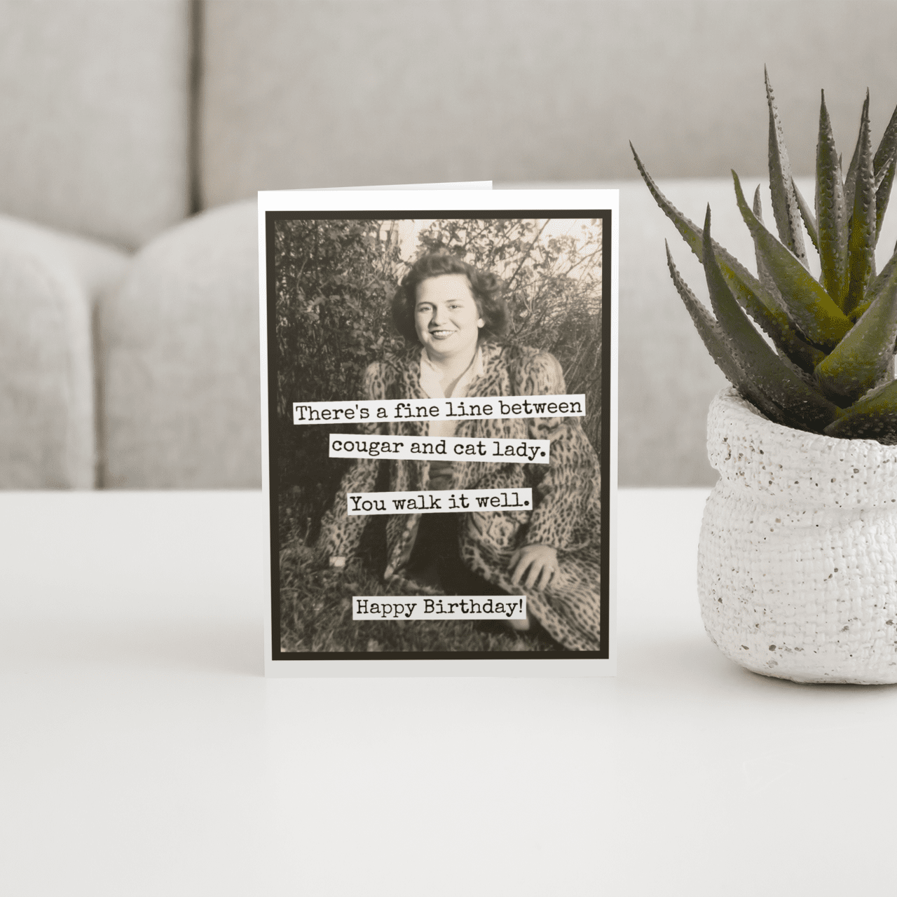 Birthday Card. Fine Line Cougar Cat Lady. Vintage Greeting Cards Raven&