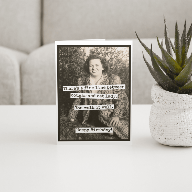 Birthday Card. Fine Line Cougar Cat Lady. Vintage Greeting Cards Raven&