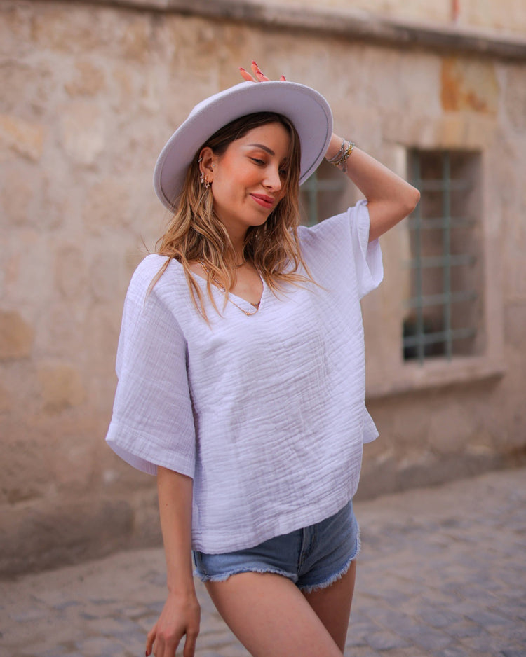 Black Double Gauze Muslin Cotton V-Neck Top Tops Moa