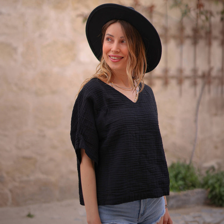 Black Double Gauze Muslin Cotton V-Neck Top Tops Moa Black