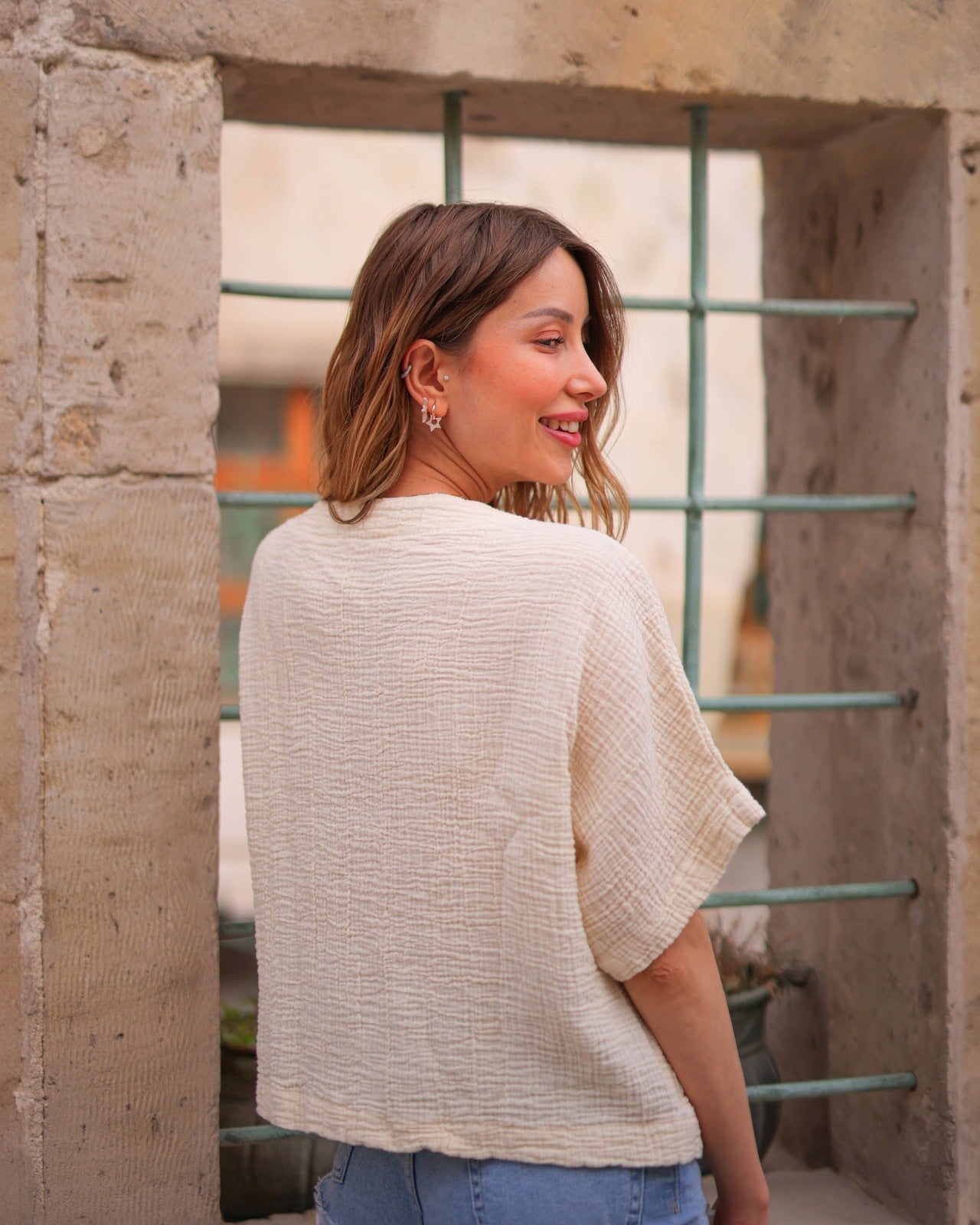 Black Double Gauze Muslin Cotton V-Neck Top Tops Moa