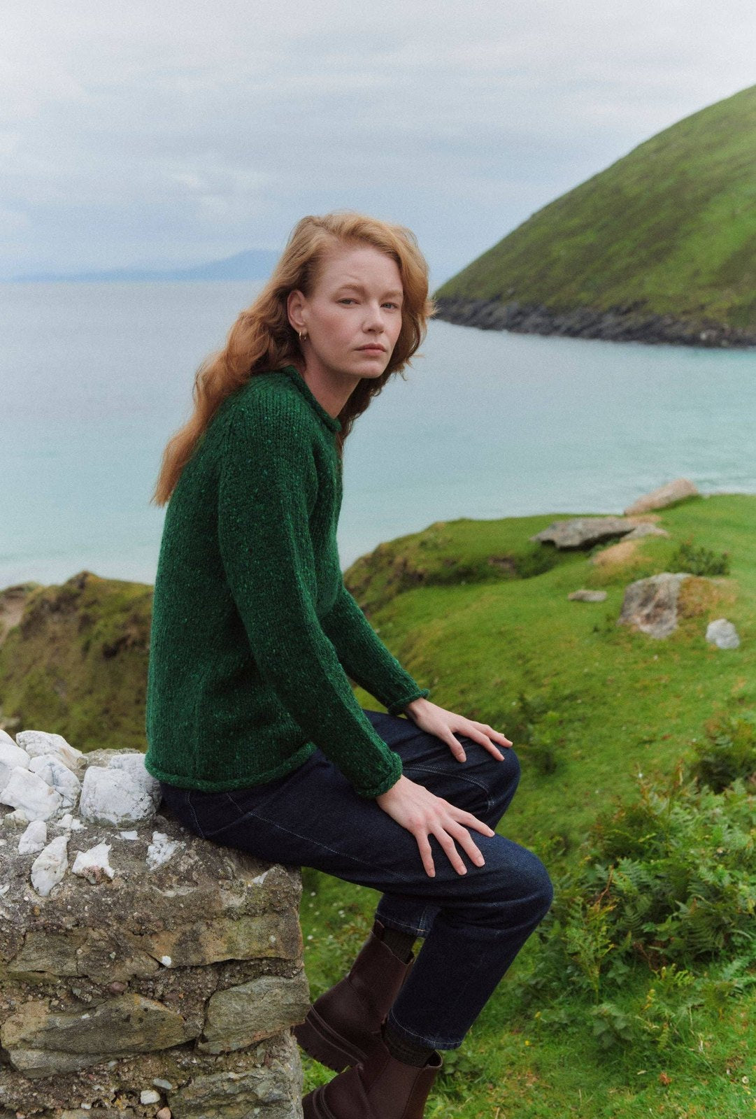 Brackloon Tweed Roll Neck Ladies Sweater - Bright Green Aran Woollen Mills