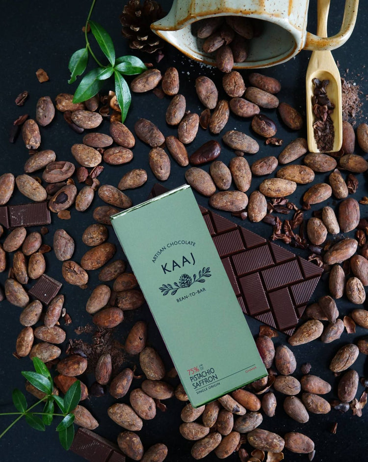 Saffron & Pistachio 75% Dark Chocolate Kaaj Artisan Chocolate