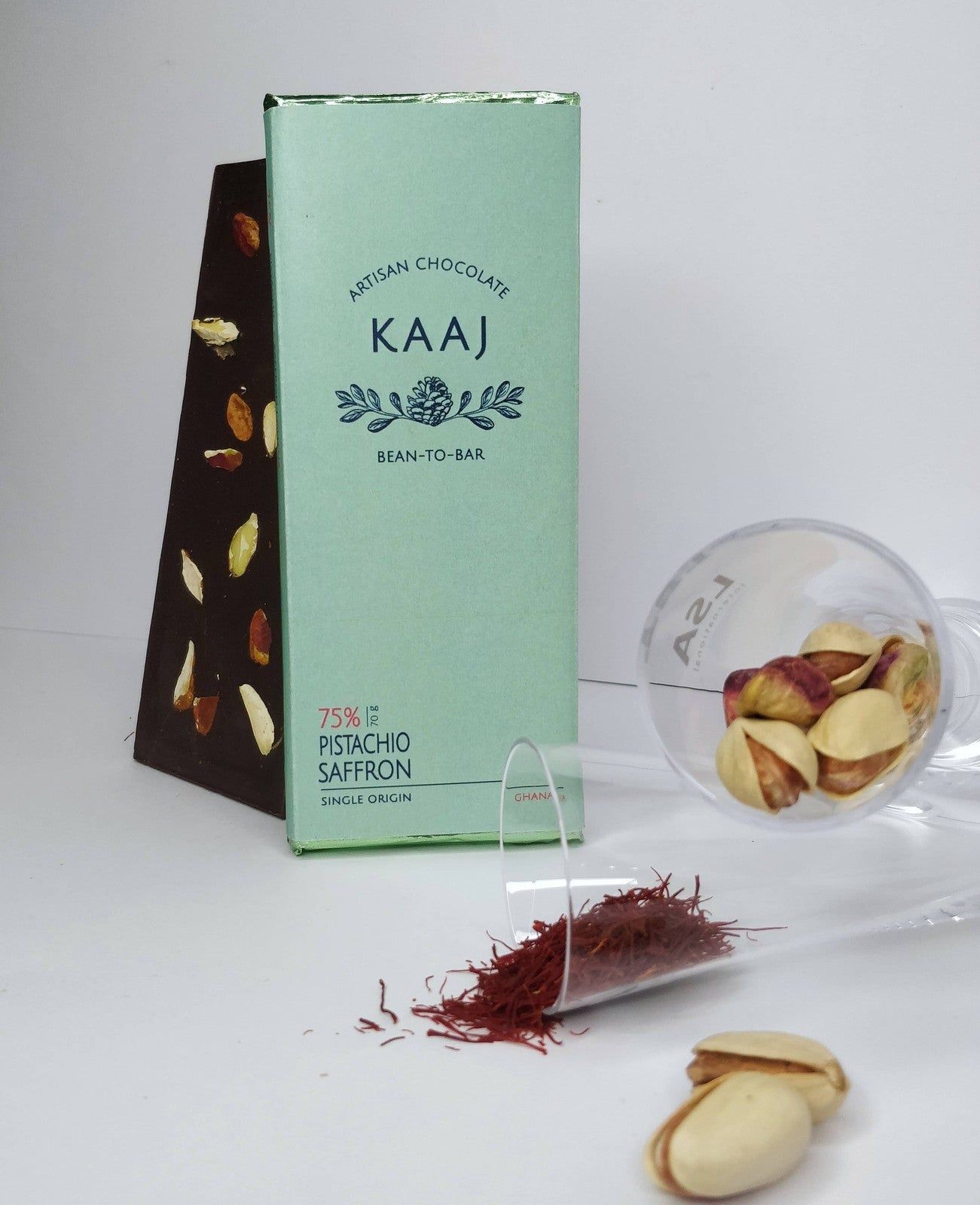Saffron & Pistachio 75% Dark Chocolate Kaaj Artisan Chocolate