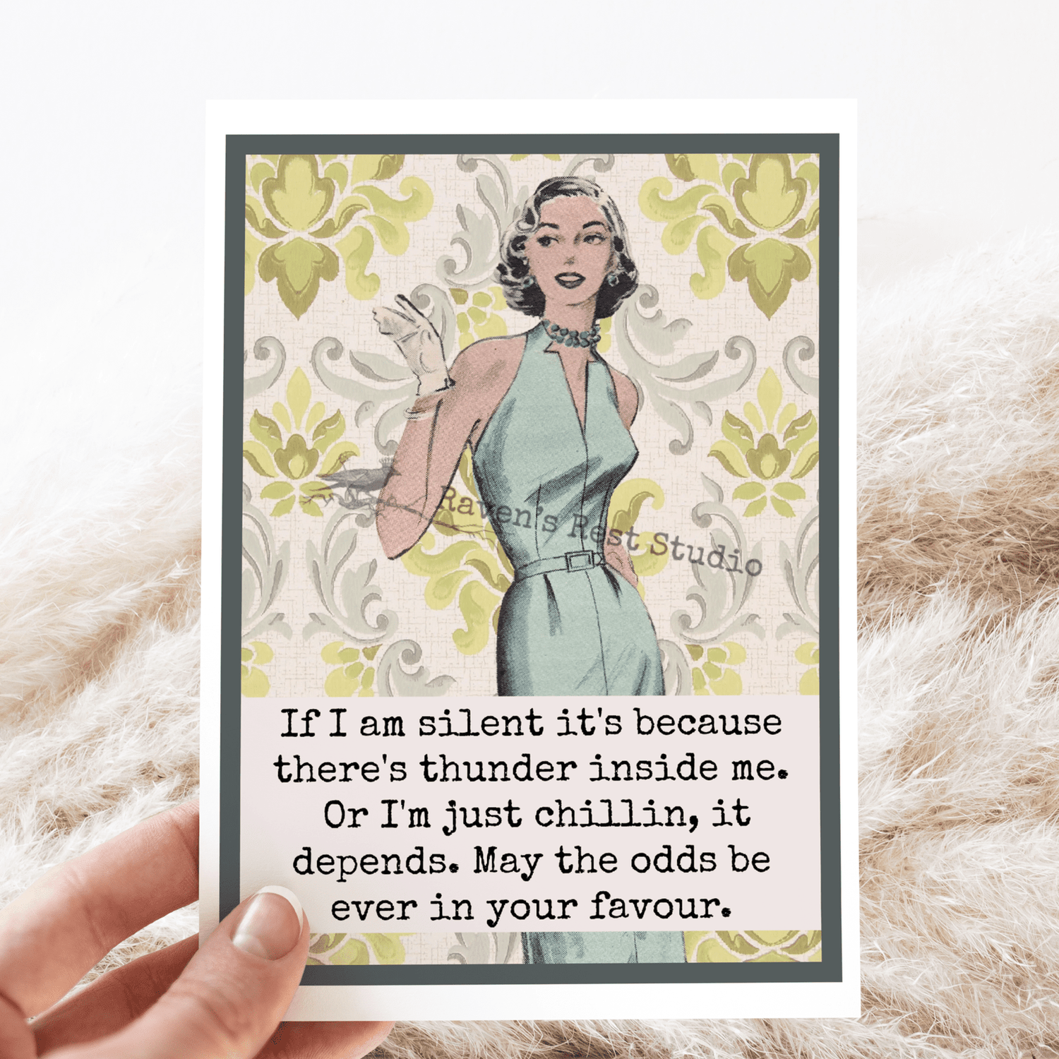 Greeting Card. Silent Thunder. Funny Retro Vintage. Raven&